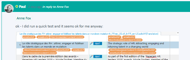 Forum post by a user named Paul replying to Anne Fox, discussing a quick test with a screenshot of software interface including text and code snippets.