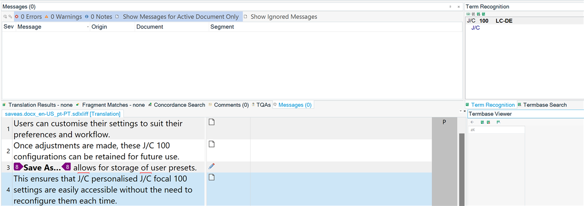 Screenshot of MultiTerm software showing a translation interface with no errors or warnings. The term 'JC' is highlighted in the Term Recognition pane.