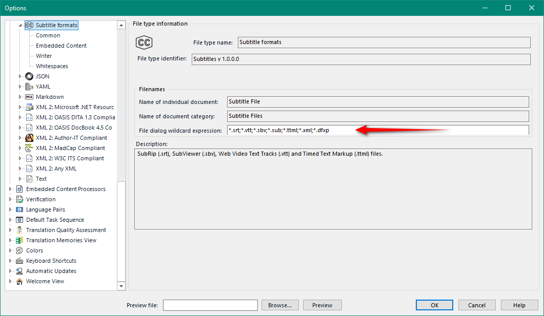 Trados Studio options window showing Subtitle formats with a file dialog wildcard expression listing supported file types including srt, vtt, sbv, sub, ttml, xml, and dfxp.