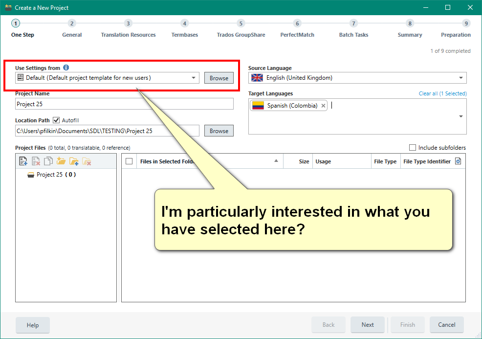 Trados Studio 'Create a New Project' window with a highlighted section 'Use Settings from' showing 'Default' selected. A speech bubble asks 'I'm particularly interested in what you have selected here?'