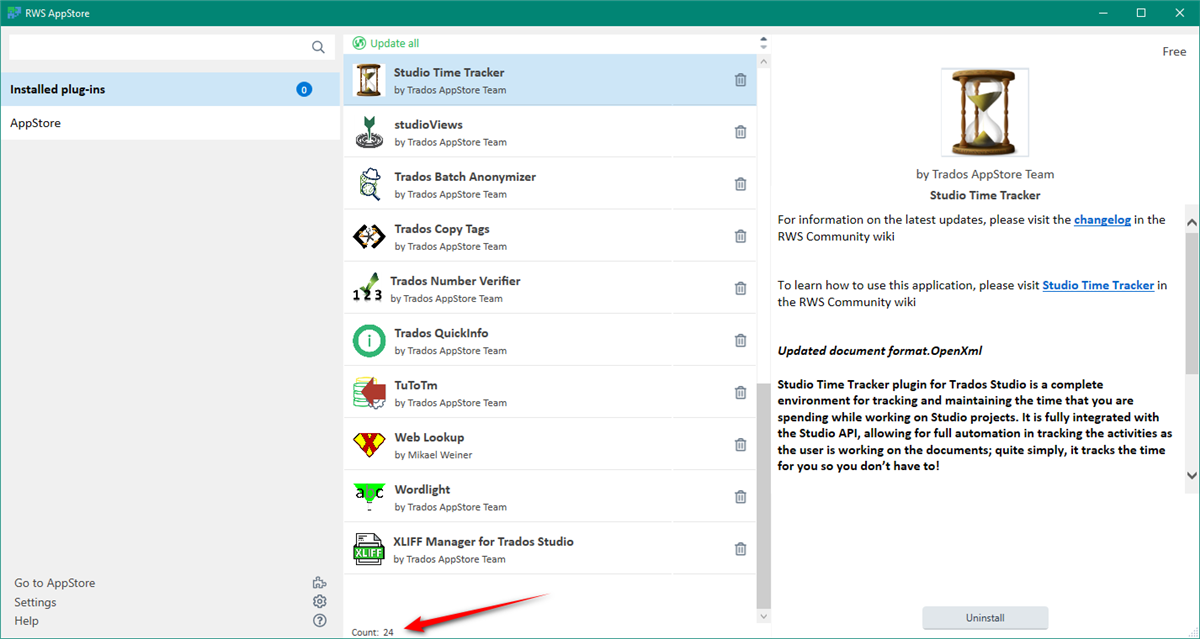 Trados Studio AppStore window showing a list of installed plugins with a total count of 24. Highlighted is the Studio Time Tracker plugin by Trados AppStore Team with a description and changelog link.