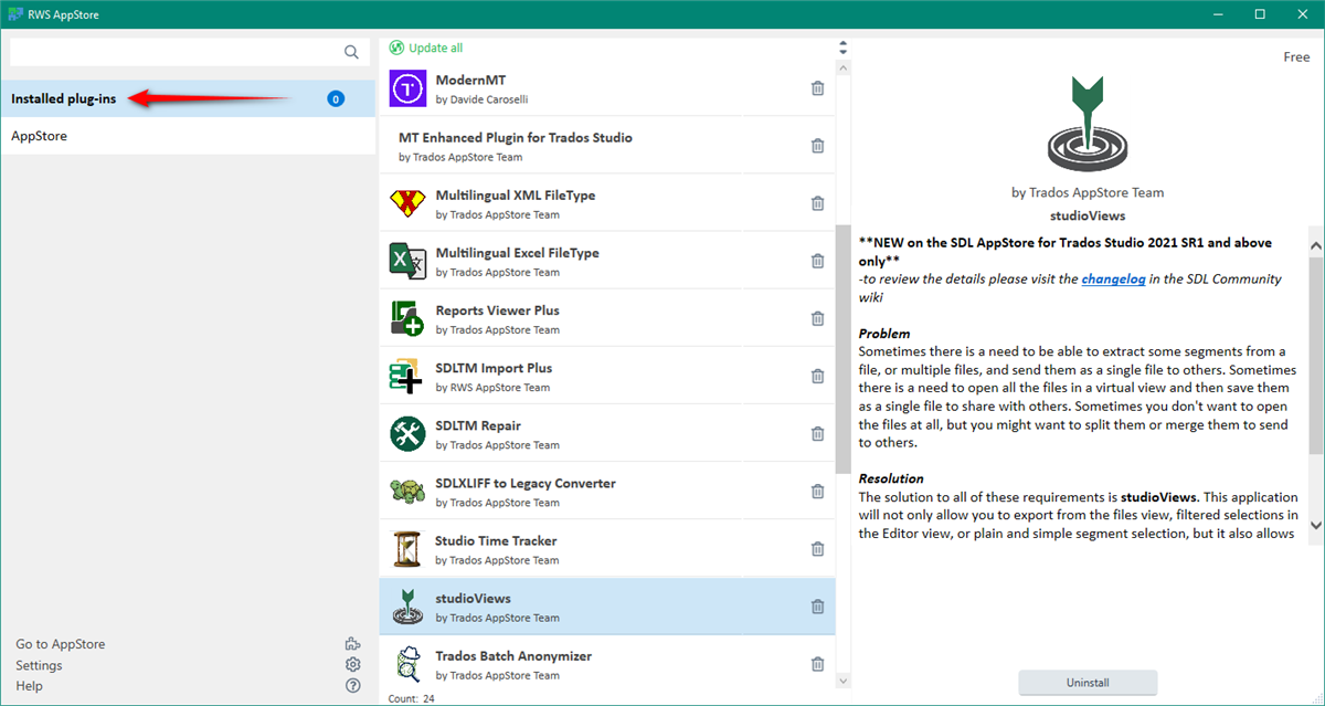 Trados Studio RWS AppStore window showing installed plug-ins with an arrow pointing to 'Installed plug-ins' tab. No errors or warnings visible.