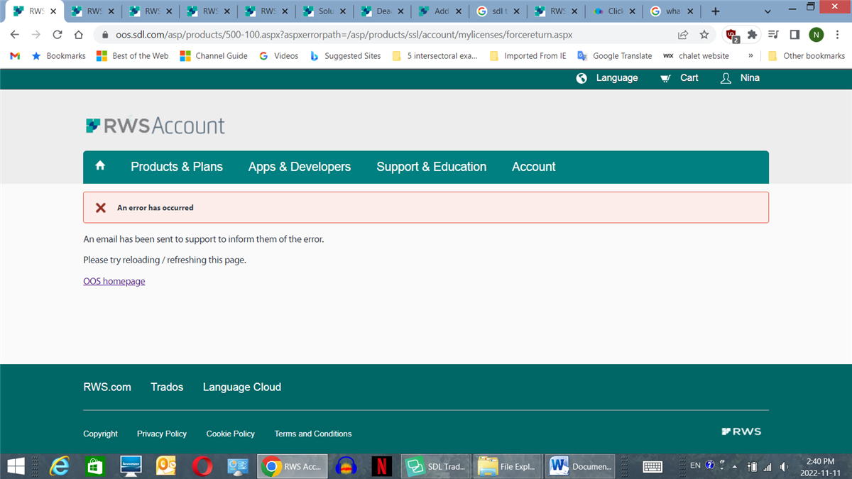 Error message on RWS Account page stating 'An error has occurred' with instructions to reload the page and a link to the OOS homepage.