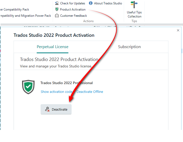 Trados Studio 2022 Product Activation window showing a Perpetual License tab with a green checkmark and the option to 'Deactivate Offline' highlighted by a red arrow pointing to the 'Deactivate' button.