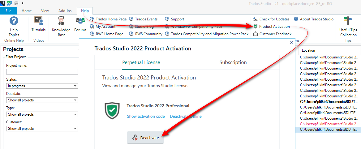 Trados Studio interface showing the Help menu expanded with an arrow pointing to Product Activation. A Product Activation dialog box is open with an option to deactivate the license.