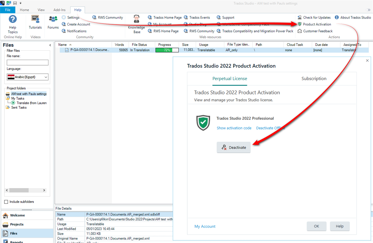 Trados Studio interface showing a project list with a file in translation progress and a Product Activation window with an option to deactivate a perpetual license.