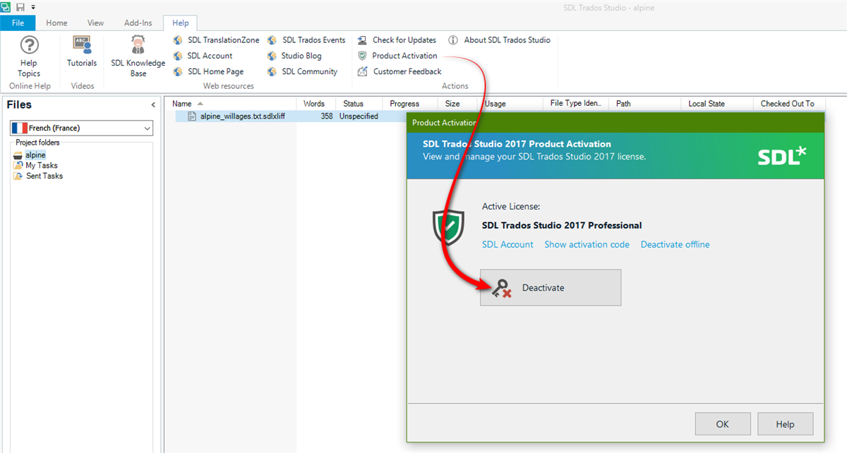 Screenshot of Trados Studio 2017 Product Activation window showing an active license for SDL Trados Studio 2017 Professional with options to show activation code or deactivate offline.