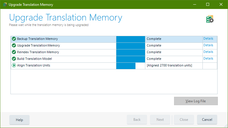 Upgrade Translation Memory progress window showing steps completed with 'Align Translation Units' in progress.