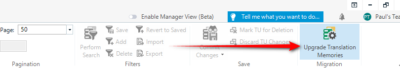 Trados Studio toolbar with an arrow pointing to 'Upgrade Translation Memories' button.