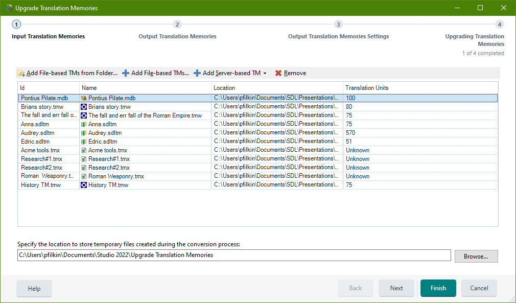 Upgrade Translation Memories window with a list of input translation memories and their details.