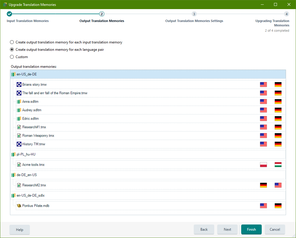 Upgrade Translation Memories window showing output translation memories organized by language pairs.