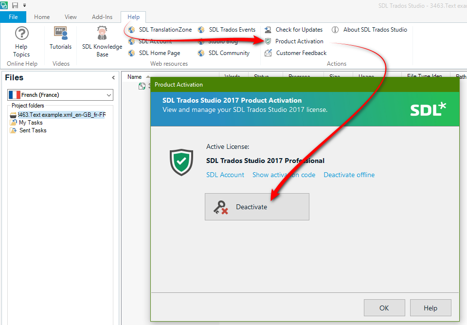 Screenshot showing the deactivation pane for Trados Studio 2017.
