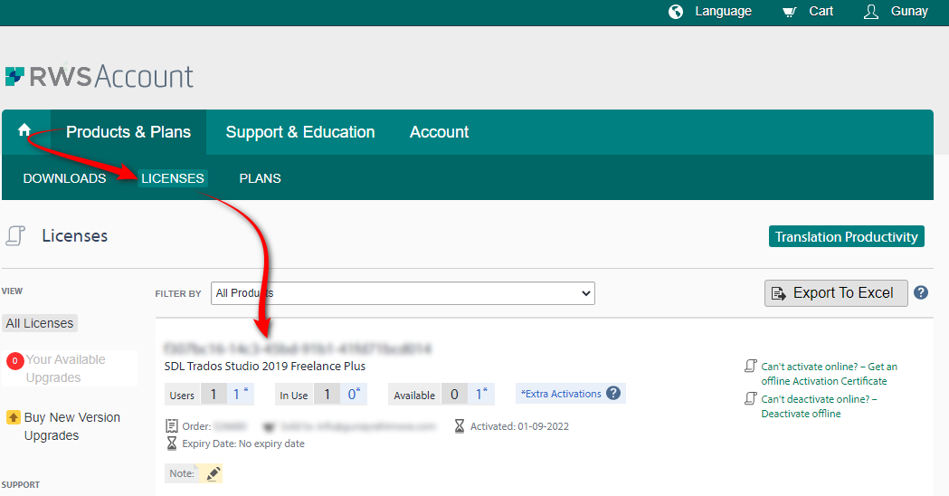Screenshot showing where the activation code is in the users RWS Account