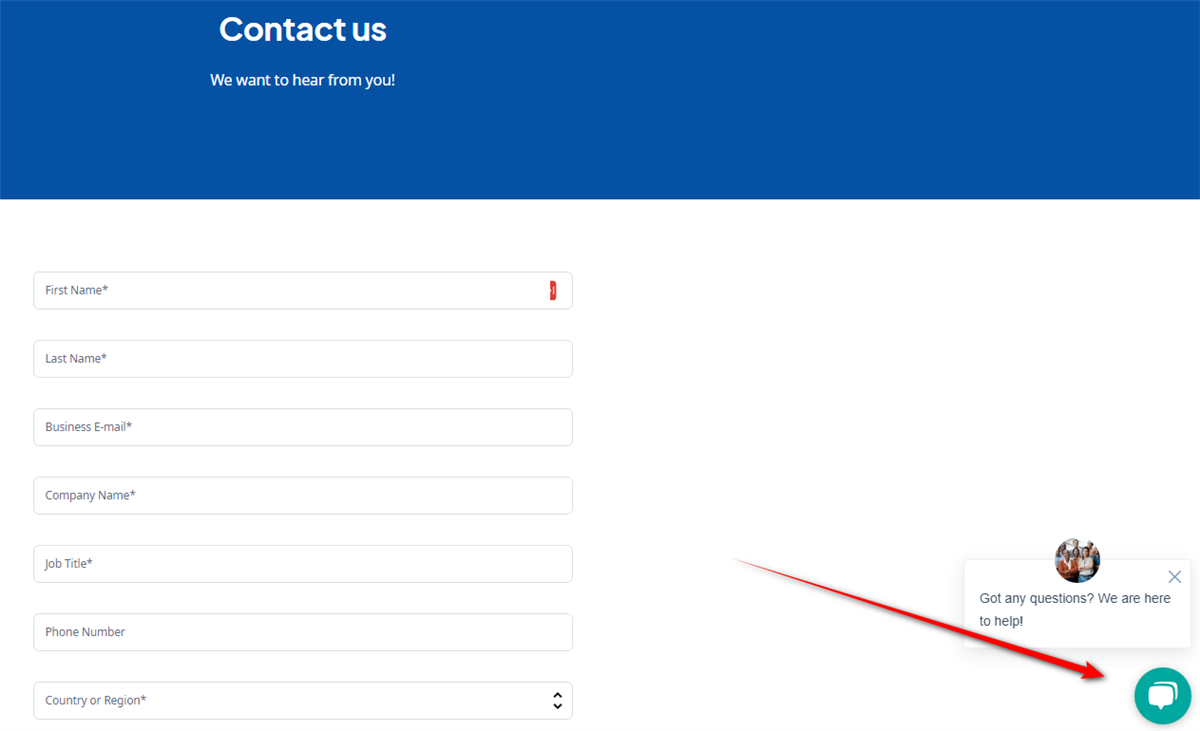 Screenshot showing the live chat button on the contact us page.