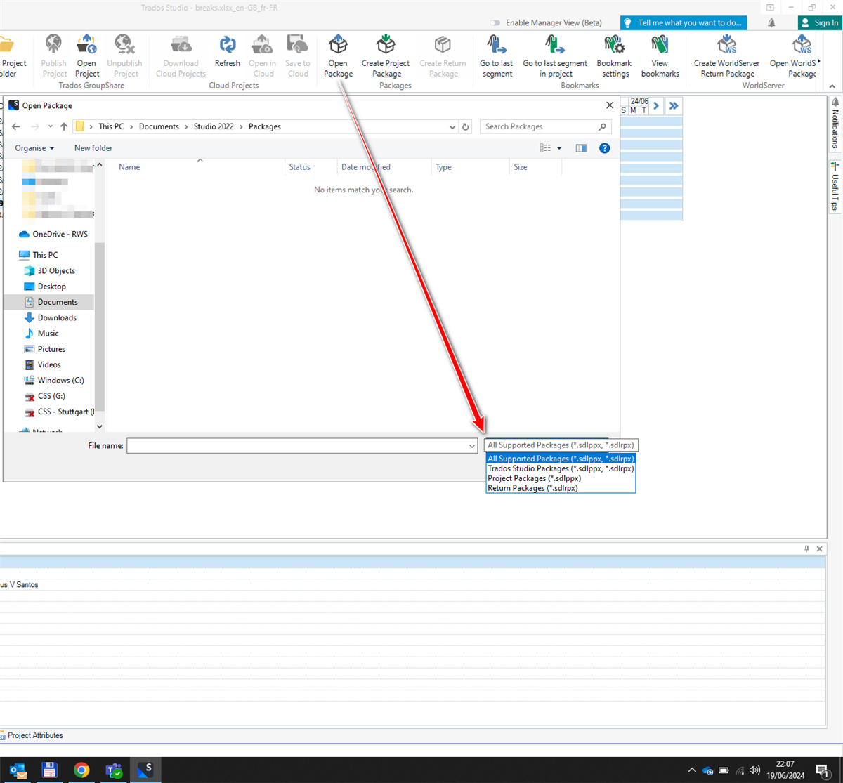 Screenshot of SDL Trados Studio's 'Open Package' dialog with a red arrow pointing to the file type dropdown menu, showing options for supported package types.