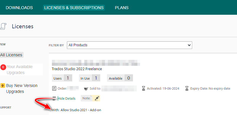 Screenshot of RWS Account Licenses page showing a Trados Studio 2022 Freelance license with details expanded. A note says 'With: Allow Studio 2021 - Add-on'.