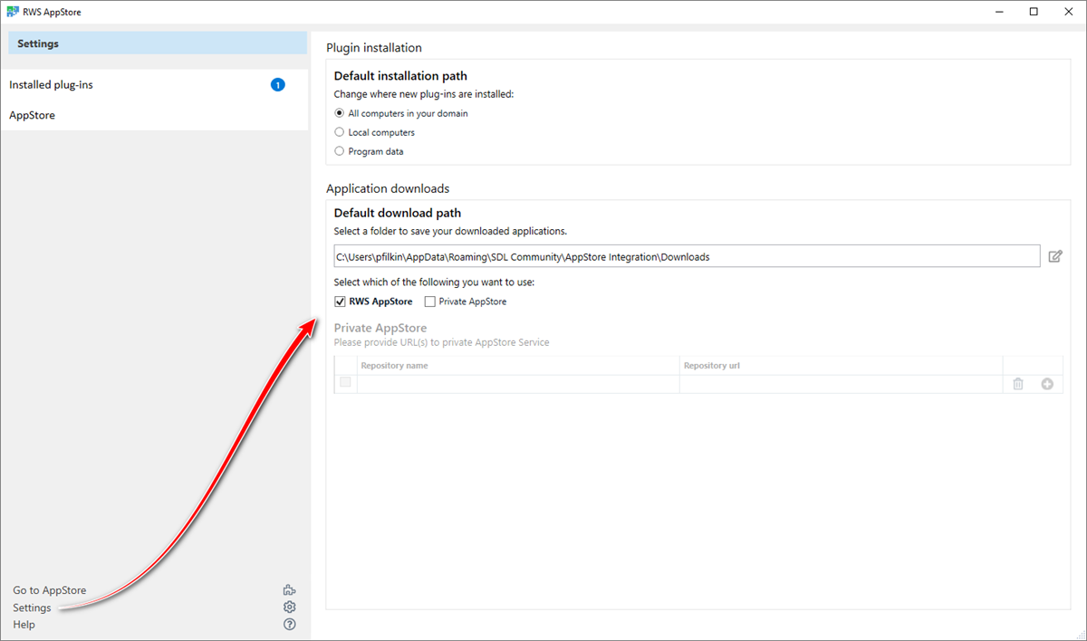 Screenshot of RWS AppStore settings showing Plugin installation and Application downloads paths. RWS AppStore is selected with a red arrow pointing to the Private AppStore option.