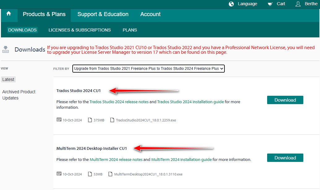 Screenshot of a downloads page with options to download Trados Studio 2024 CU1 and MultiTerm 2024 Desktop Installer CU1, both with red arrows pointing to them.