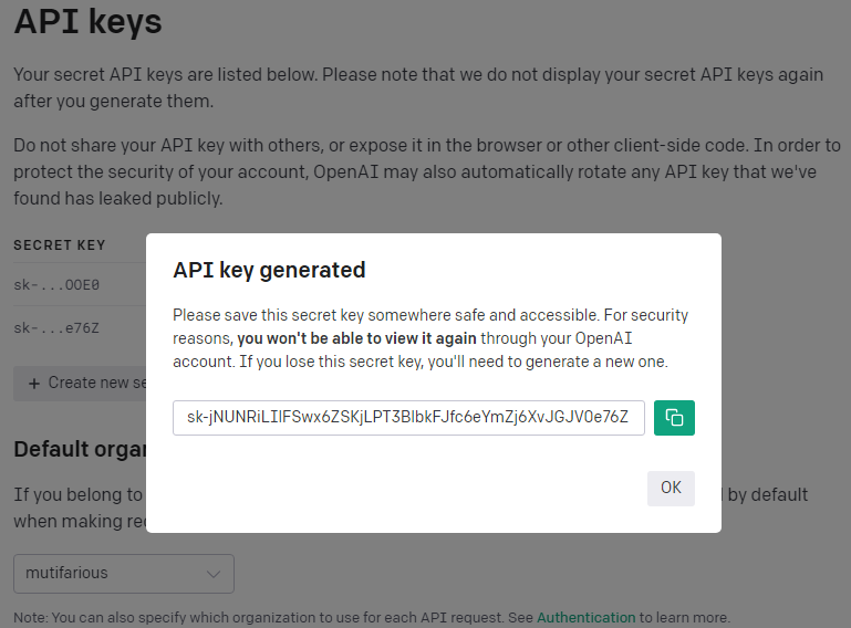 Screenshot showing an API Key generated on the OpenAI website.