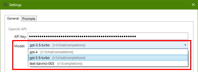 Screenshot showing the drop down menu of available models to select from.