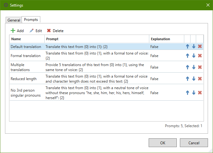 Screenshot showing the 5 default prompts in the settings.