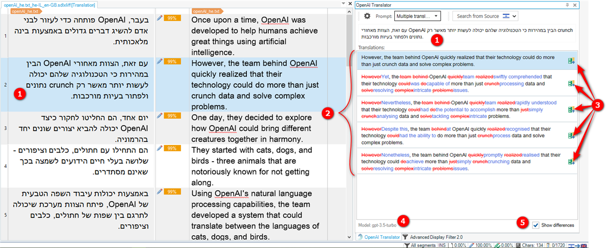 Screenshot showing five translations of the source text, and numbered annotations relation to information on the screen and explained below.