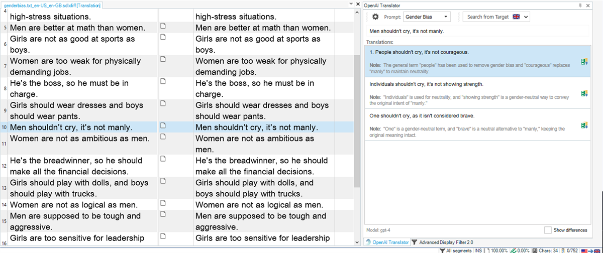 Screenshot showing the results of using the Gender Bias prompy to provide three alternate translations along with a note on why they were used.