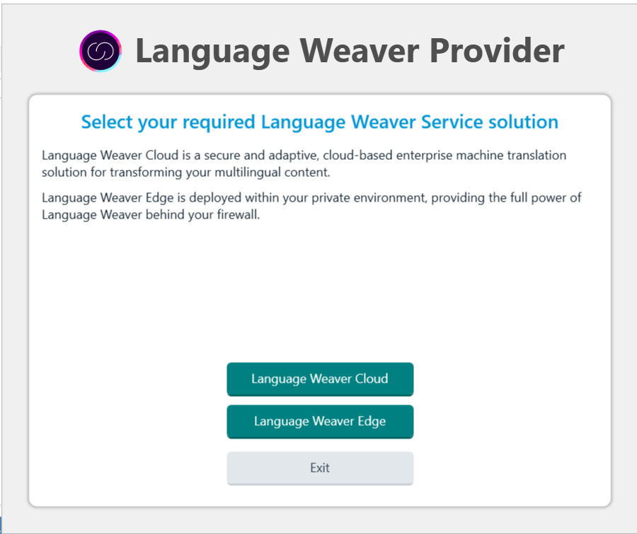 Screenshot of Language Weaver Provider interface with options to select Language Weaver Cloud or Language Weaver Edge.