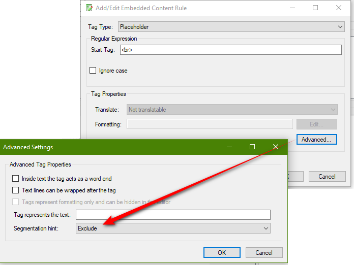 Screenshot showing how to segment on a tag through the "exclude" label in the advanced filetype settings.