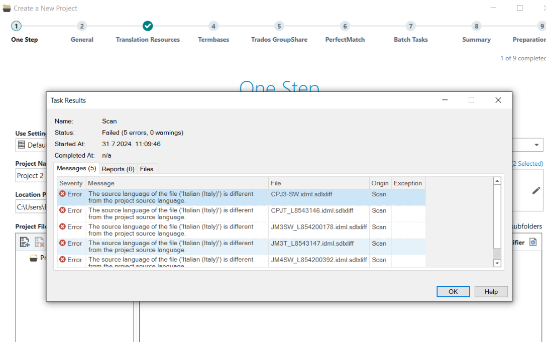 Screenshot of Trados Studio 'Create a New Project' window showing 'Task Results' with 'Scan' status failed, displaying 5 errors about source language of files being different from the project source language.