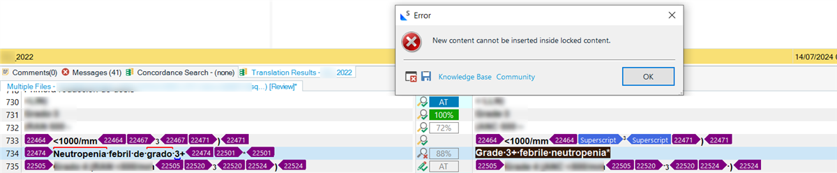 Screenshot of Trados Studio with an error dialog box stating 'New content cannot be inserted inside locked content.' The source segment shows tag pairs and the target segment is partially translated.