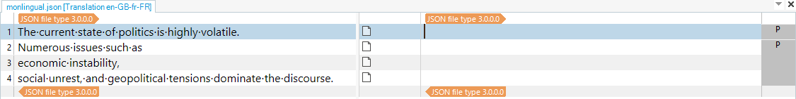 Screenshot of a monolingual JSON file opened in Trados Studio with segments separated by line, showing text about politics without visible HTML tags.