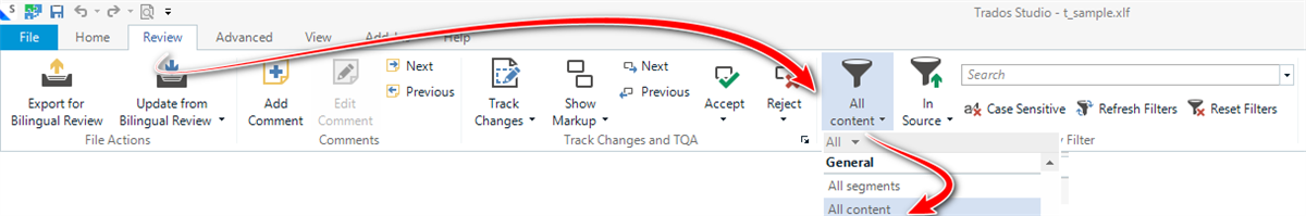 Trados Studio screenshot showing the 'View' ribbon with an arrow pointing from 'Reject All Changes' dropdown to 'All content' filter option.