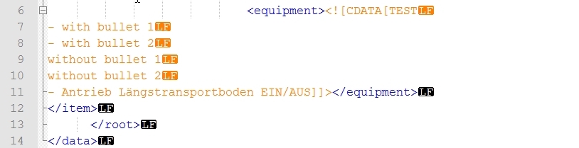 XML code in Trados Studio with highlighted text showing 'TEST- with bullet 1- with bullet 2without bullet 1without bullet 2- Antrieb Langstransportboden EINAUS'.