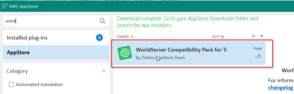 Screenshot of RWS AppStore showing a search result for 'world' with one plugin available named 'WorldServer Compatibility Pack for Trados Studio 2022' by Trados AppStore Team, marked as free.
