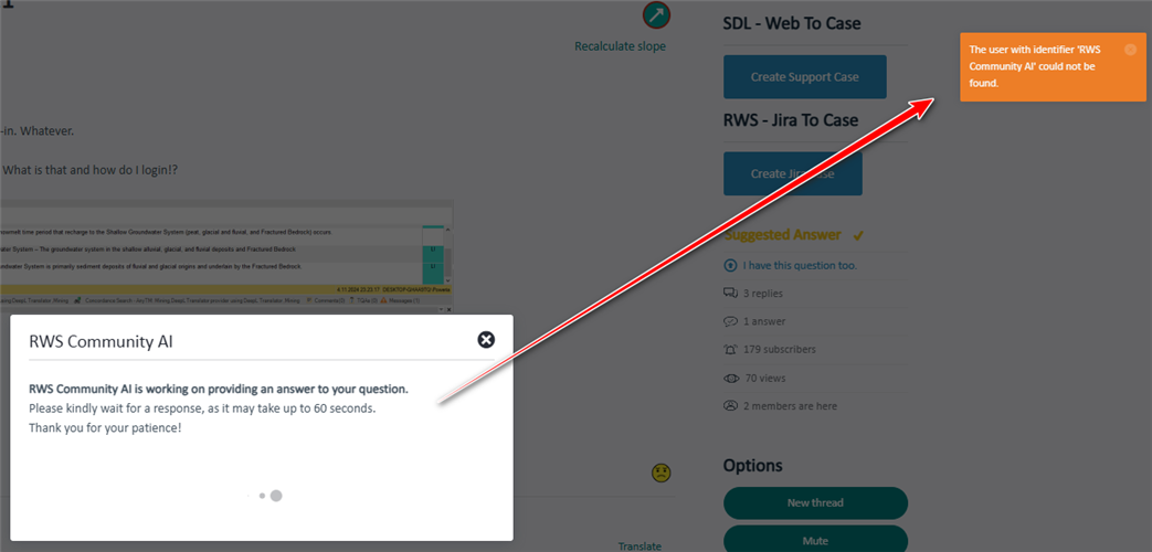 Error message in RWS Community AI interface stating 'The user with identifier RWS Community AI could not be found.'