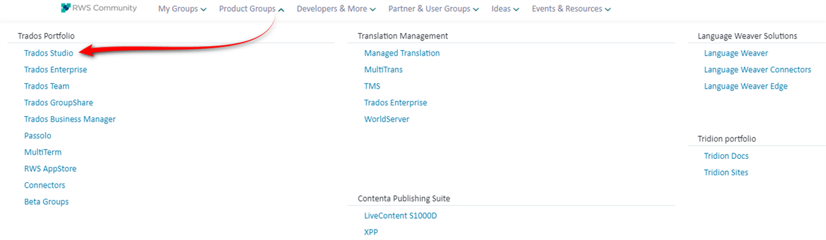 Screenshot of RWS Community website with a dropdown menu open showing 'Trados Studio' highlighted with a red arrow pointing to it, indicating where to find forums for different products.