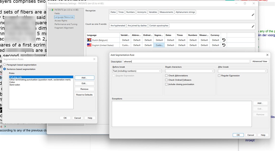 Trados Studio segmentation rules settings window with a new rule being added for the word 'wherein' to create a break before it.