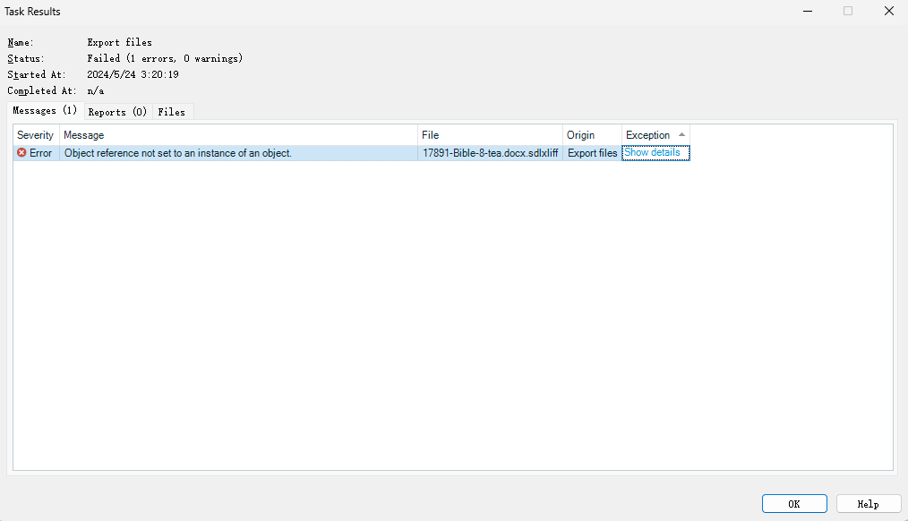 Trados Studio Task Results window showing an error message 'Object reference not set to an instance of an object' during Export files operation.