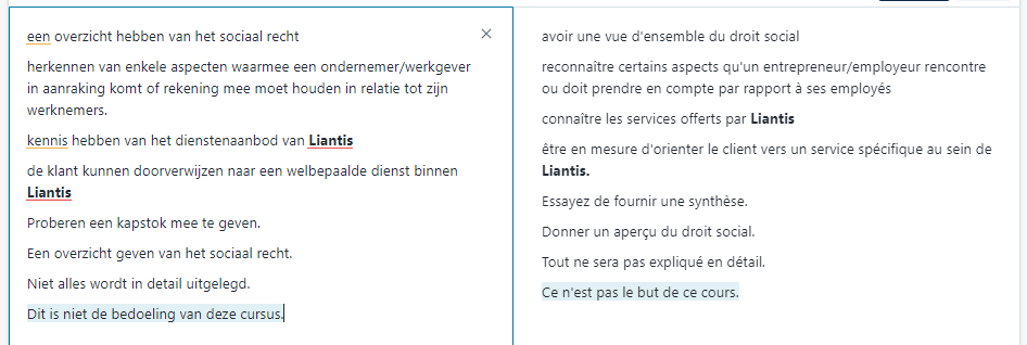 Screenshot of a text box with a list of Dutch sentences on the left and their French translations on the right. The text is related to social law and services offered by Liantis.