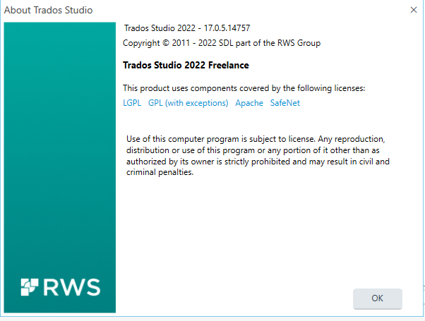 About Trados Studio dialog box showing version 2022 - 17.0.5.14757 and copyright information, with a list of licenses including LGPL, GPL, Apache, and SafeNet.