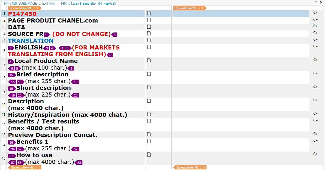 Screenshot of Trados Studio showing a spreadsheet with various fields for translation. Fields include 'PAGE PRODUIT CHANEL.com', 'SOURCE FR', and 'TRANSLATION'. Some fields are highlighted in red with numbers indicating potential issues.