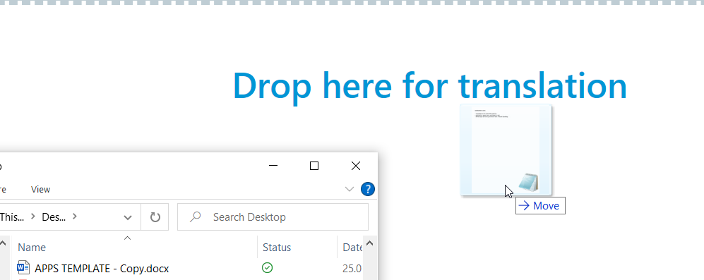 Screenshot showing Trados Studio with a 'Drop here for translation' area and a file being dragged to it, with a 'Move' cursor icon indicating the correct drop target.