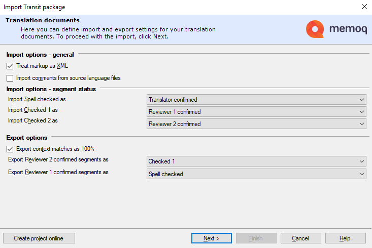 MemoQ Translation documents import settings window showing options for segment status with dropdowns for importing Checked 1 as 'Reviewer 1 confirmed' and Checked 2 as 'Reviewer 2 confirmed'.