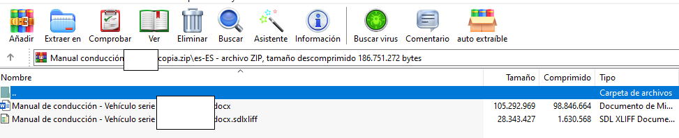Detailed view of the contents inside 'Manual conducci n_copia.zip' with file sizes for 'Manual de conducci n - Veh culo serie.docx' and its SDLXLIFF version.