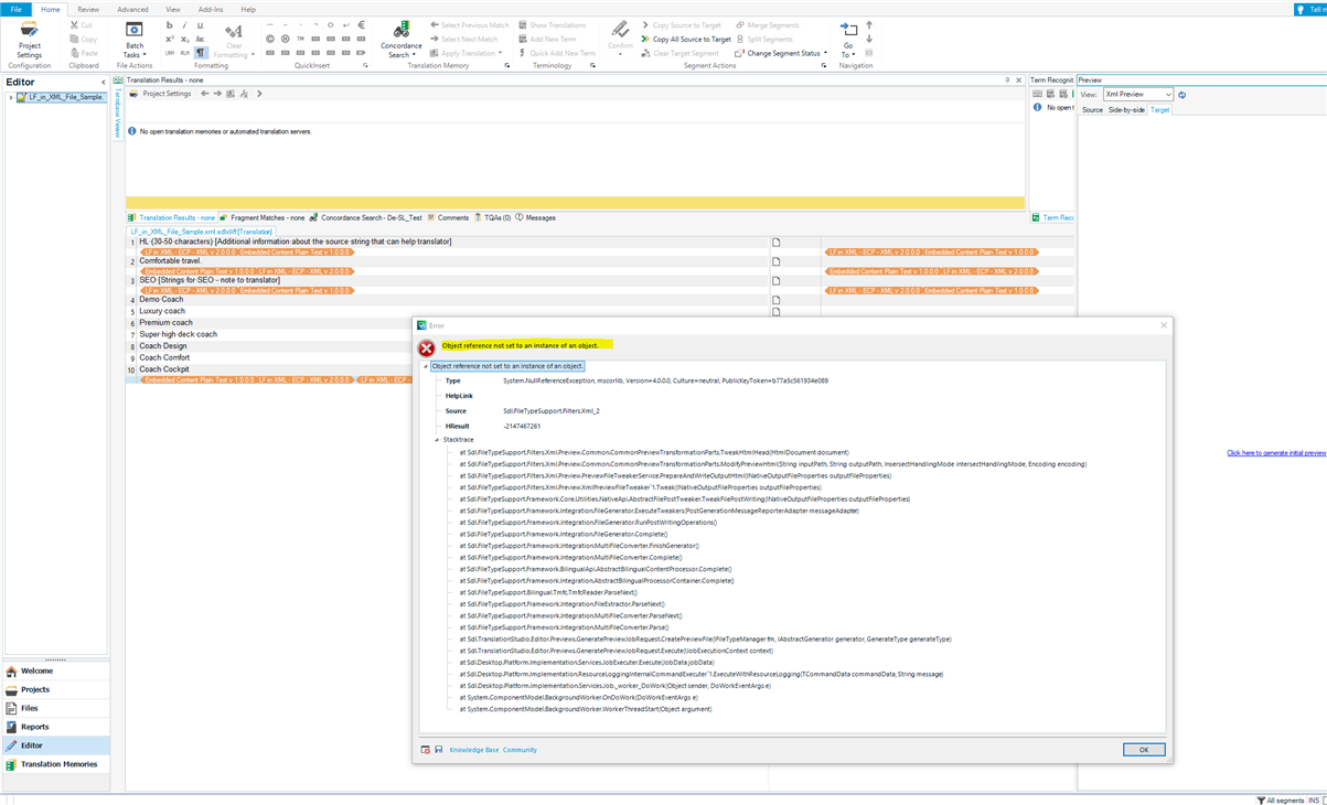 Trados Studio 2021 error message 'Object reference not set to an instance of an object' displayed in the preview pane with a stack trace of the error details.