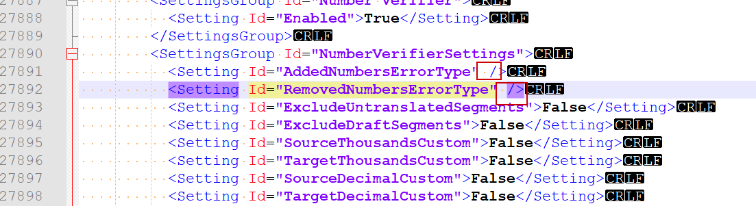 XML configuration file showing settings for Number Verifier, with AddedNumbersErrorType and RemovedNumbersErrorType fields highlighted and empty.
