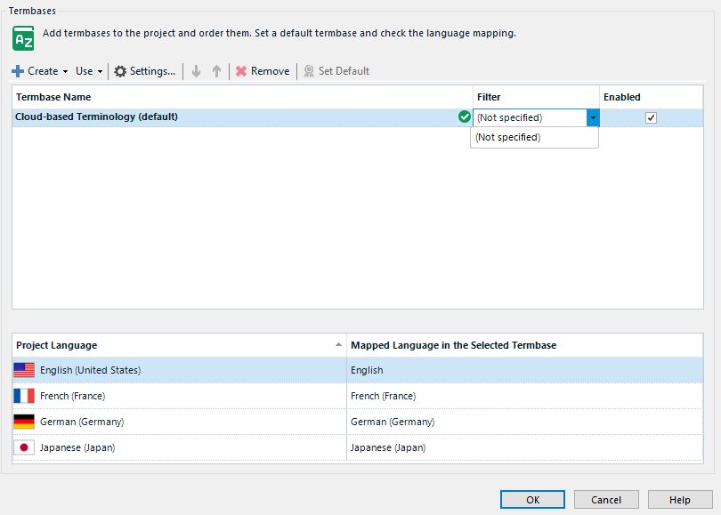 Screenshot of Trados Studio showing TermBase settings with 'Cloud-based Terminology (default)' and language mappings for English, French, German, and Japanese.