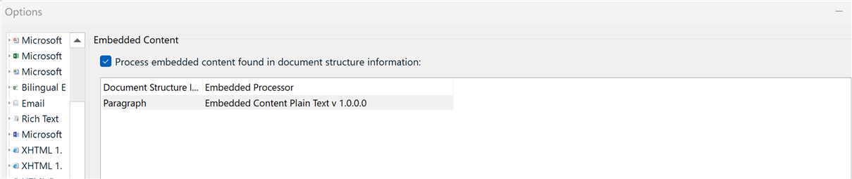 Trados Studio settings window showing 'Embedded Content' options with 'Process embedded content found in document structure information' checked and 'Embedded Content Plain Text v 1.0.0' selected.