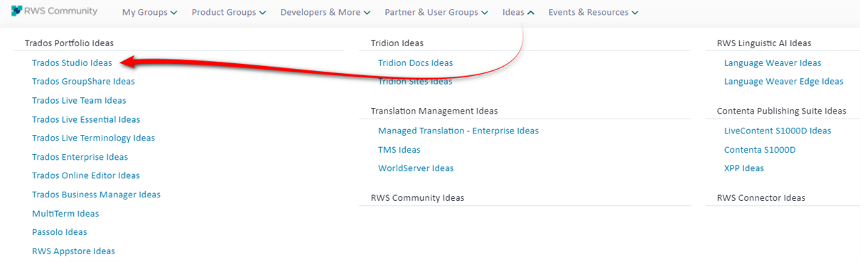 Dropdown menu under 'Ideas' on RWS Community webpage with a list of products including 'Trados Studio Ideas' highlighted and an arrow pointing towards it.